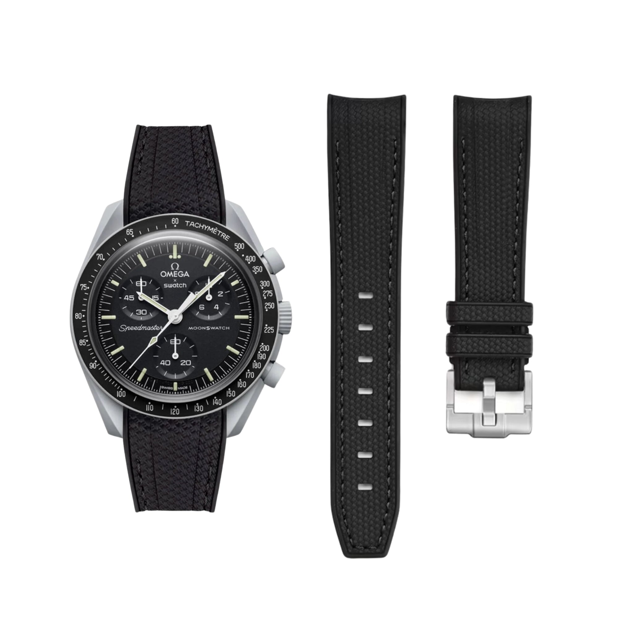 Rubber Strap - For Mission to the Moon | Omega X Swatch | MoonSwatch - Black w/Black Line - Helvetus