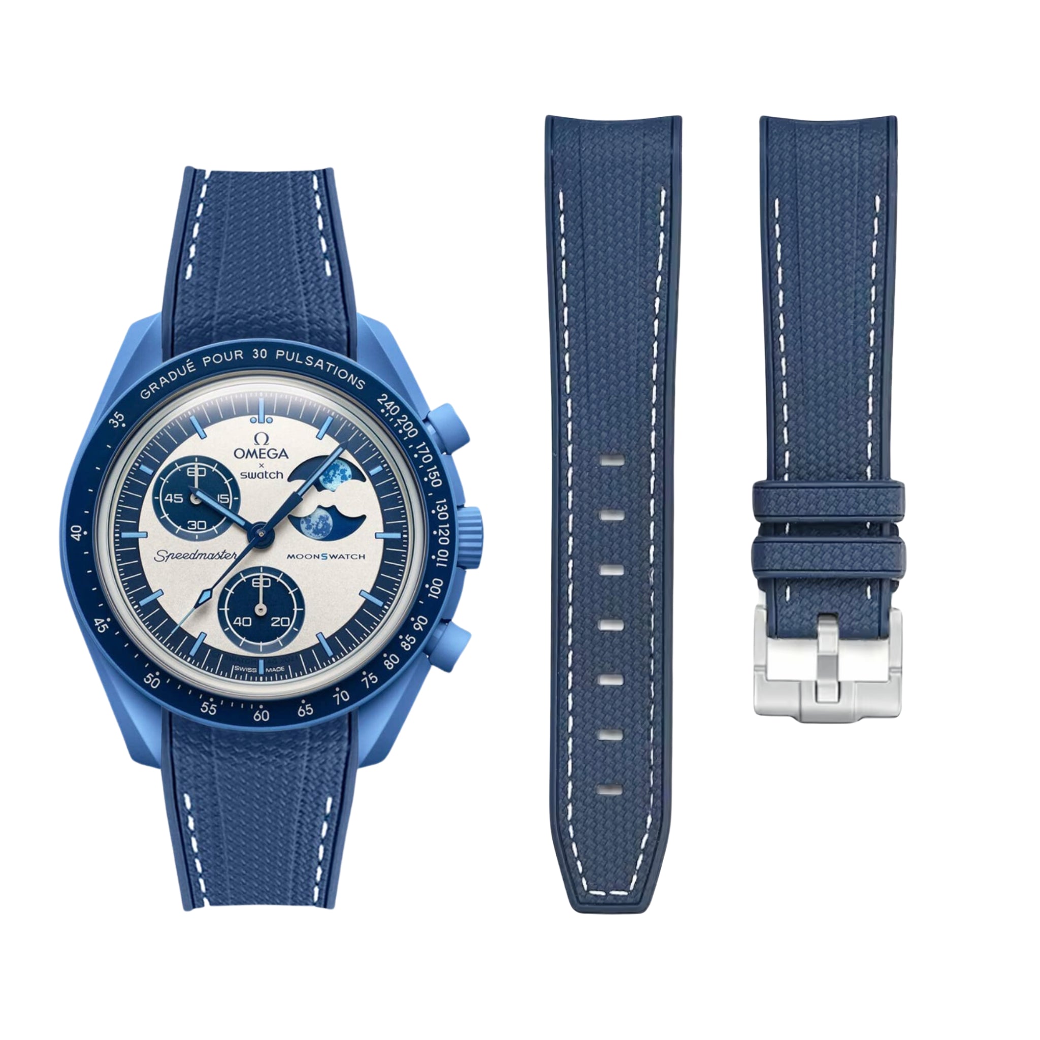 Rubber Strap - For Mission to the Super Blue Moonphase | MoonSwatch - Blue w/White - Helvetus