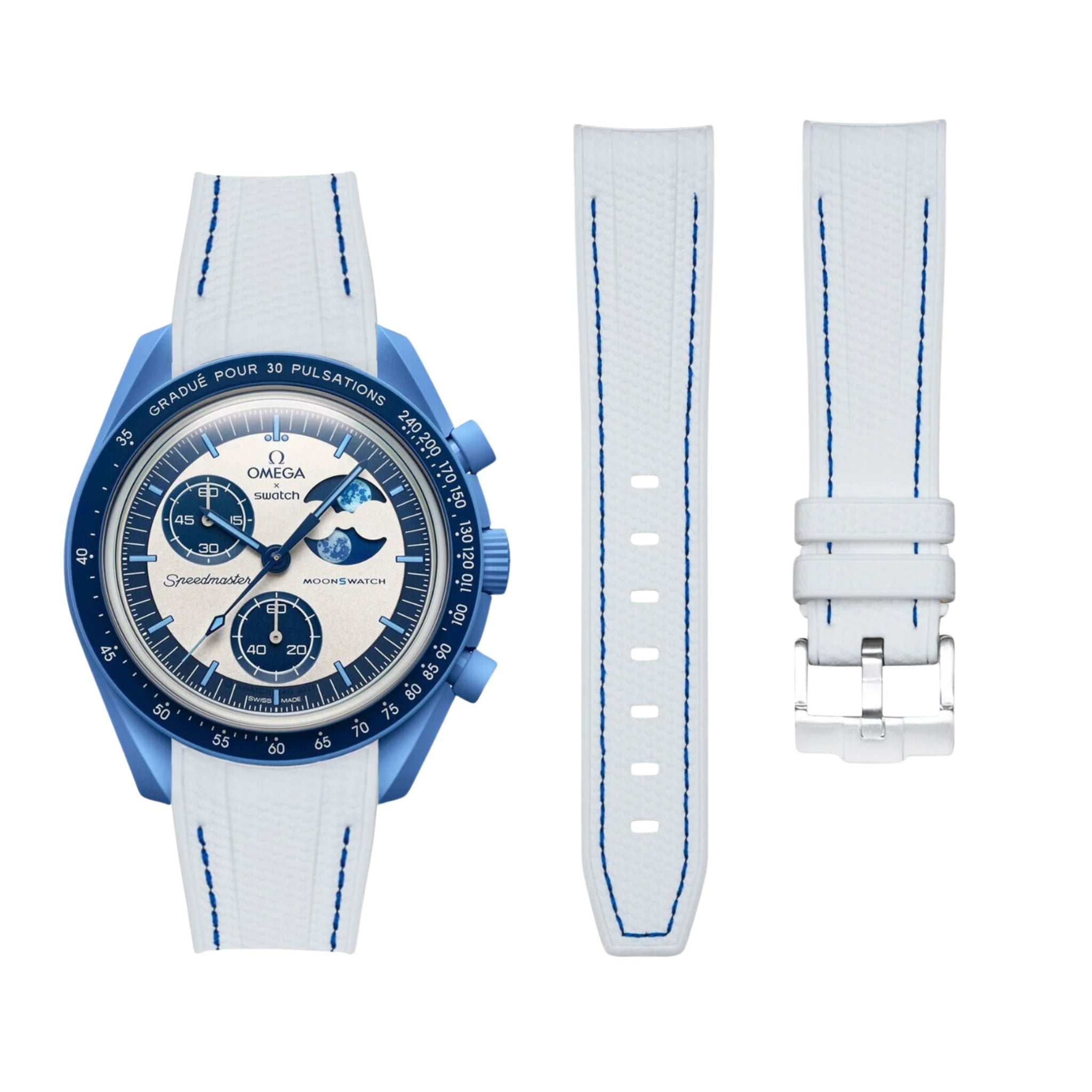 Rubber Strap - For Mission to the Super Blue Moonphase | MoonSwatch - White w/Blue - Helvetus