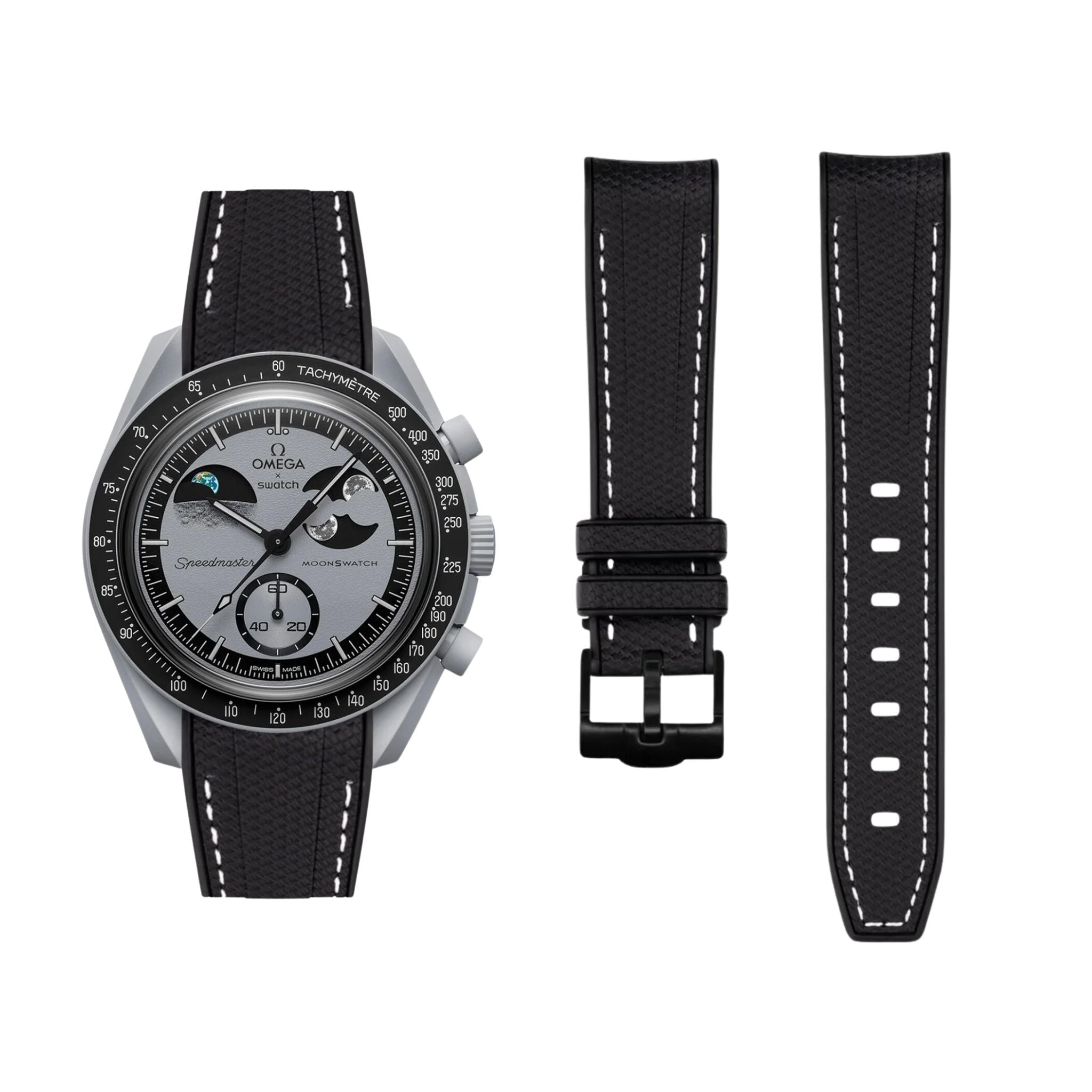 Rubber Strap - For MoonSwatch Mission To EarthPhase - Black w/White - Helvetus