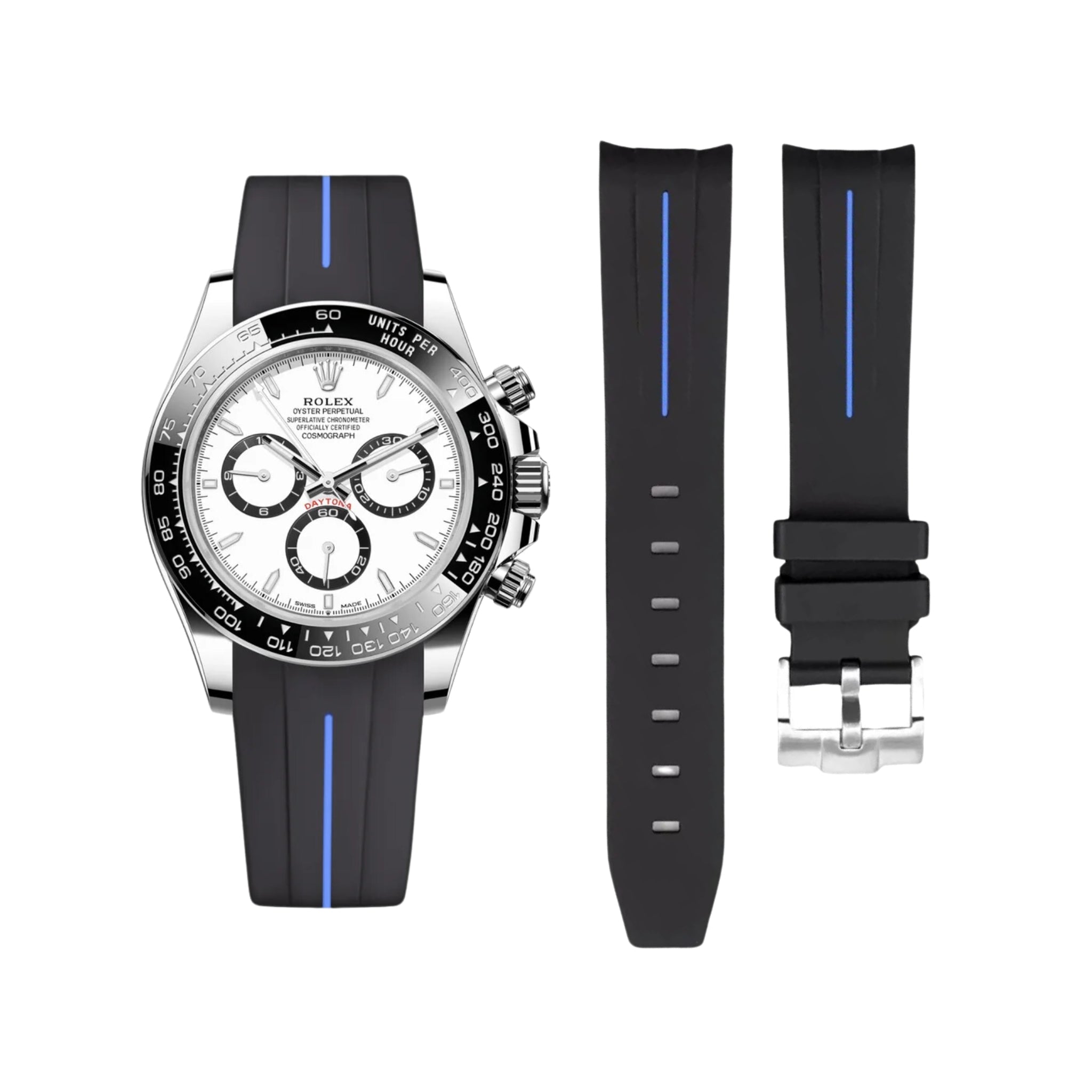 Rubber Strap - For Rolex Daytona - Black w/Blue Line | LuxLine® - Helvetus