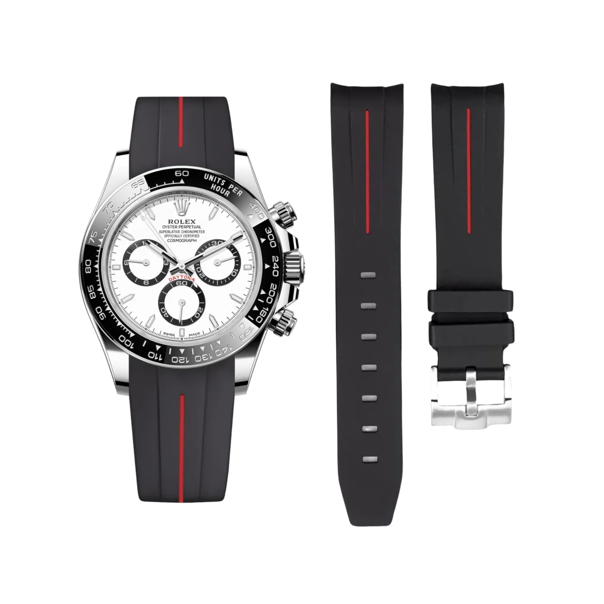 Rubber Strap - For Rolex Daytona - Black w/Red Line | LuxLine® - Helvetus