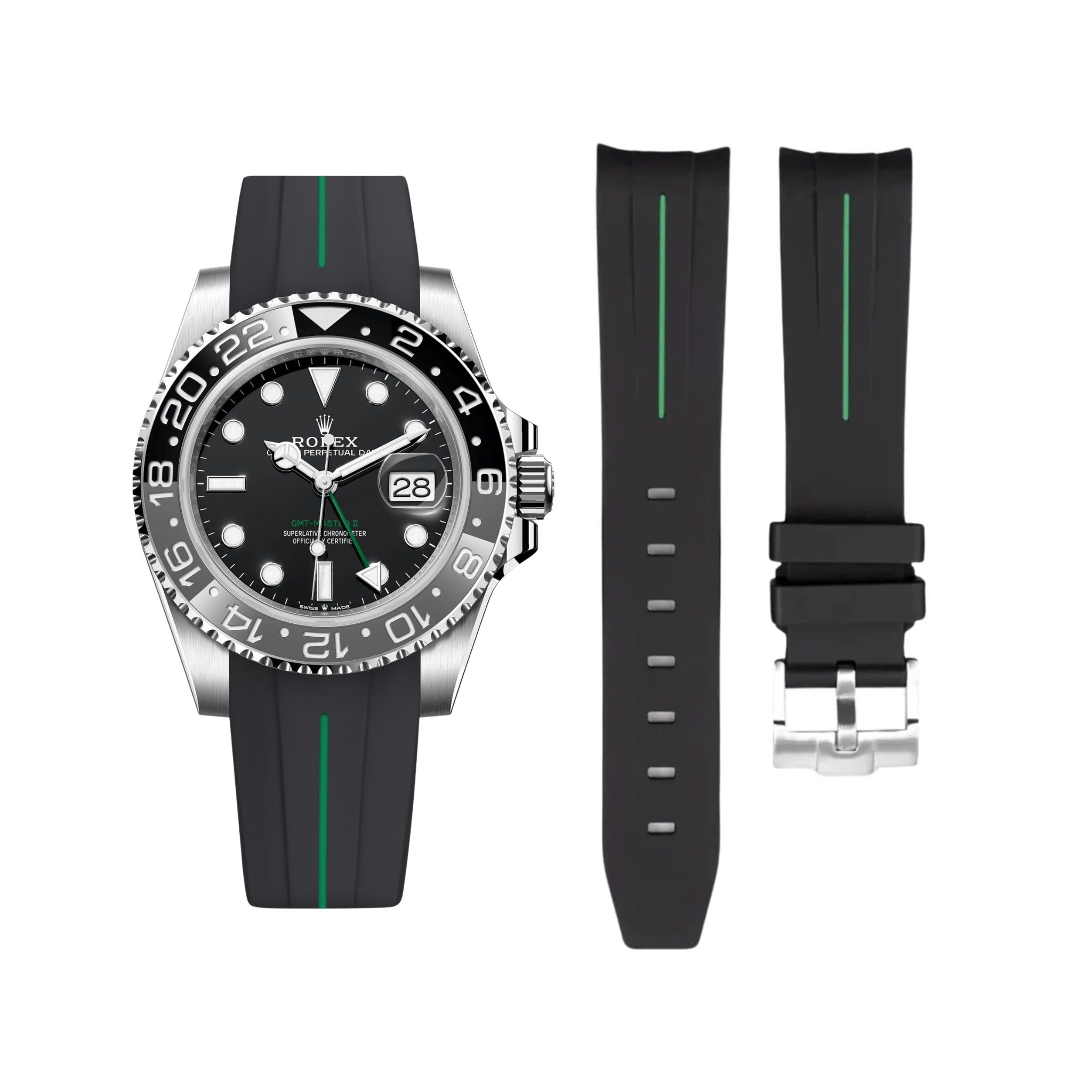 Rubber Strap - For Rolex GMT - Master II - Black w/Green Line | LuxLine® - Helvetus