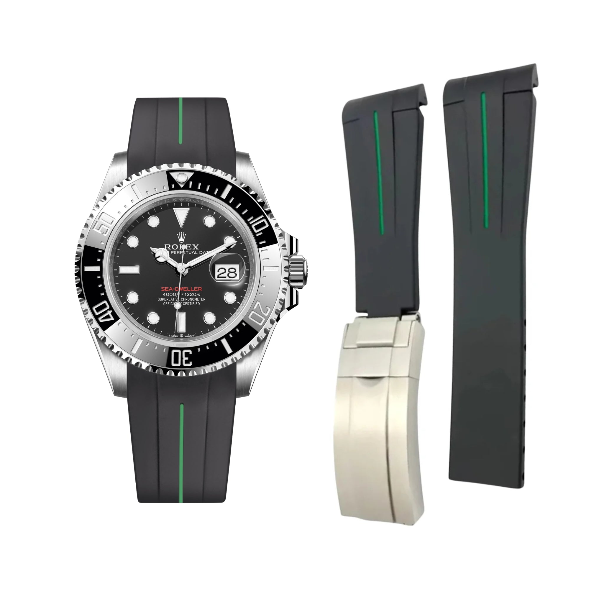 Rubber Strap - For Rolex Sea - Dweller - Black w/Green Line | LuxLine® - Helvetus