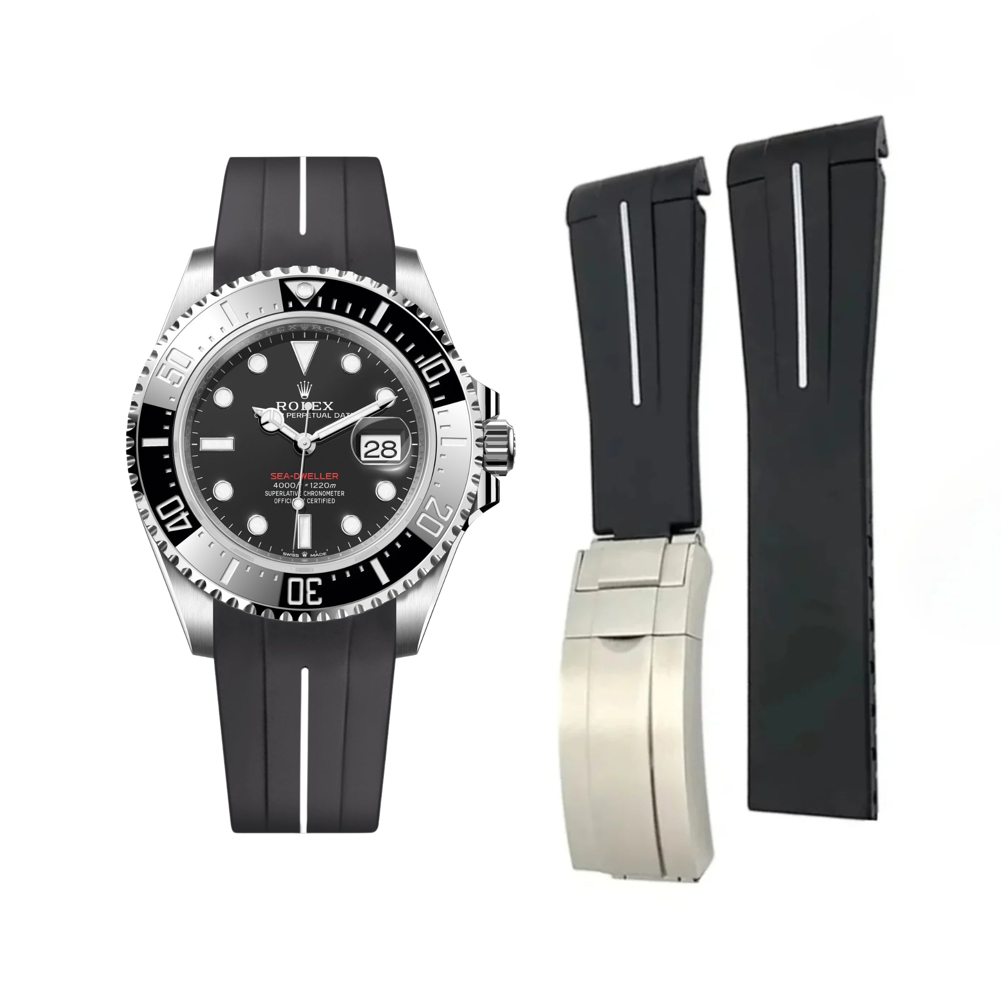 Rubber Strap - For Rolex Sea - Dweller - Black w/White Line | LuxLine® - Helvetus