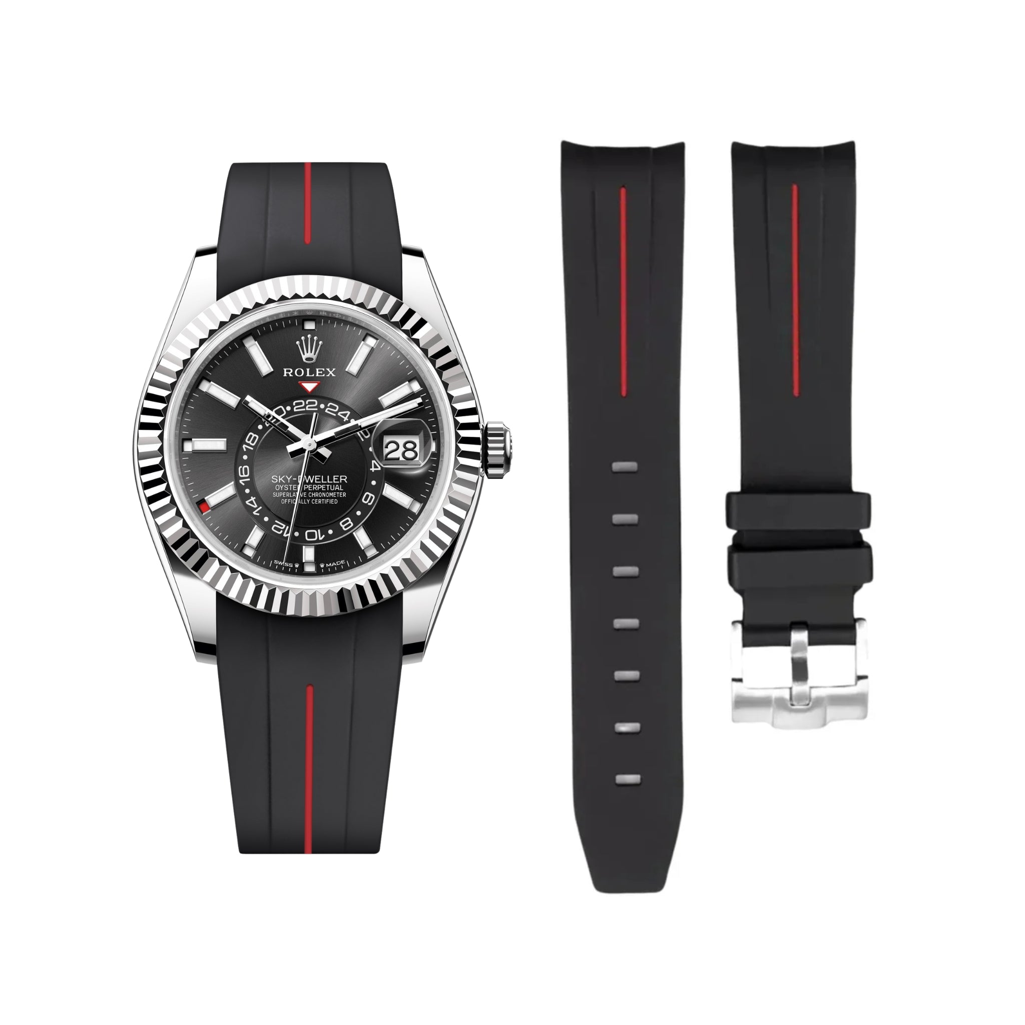 Rubber Strap - For Rolex Sky - Dweller - Black w/Red Line | LuxLine® - Helvetus