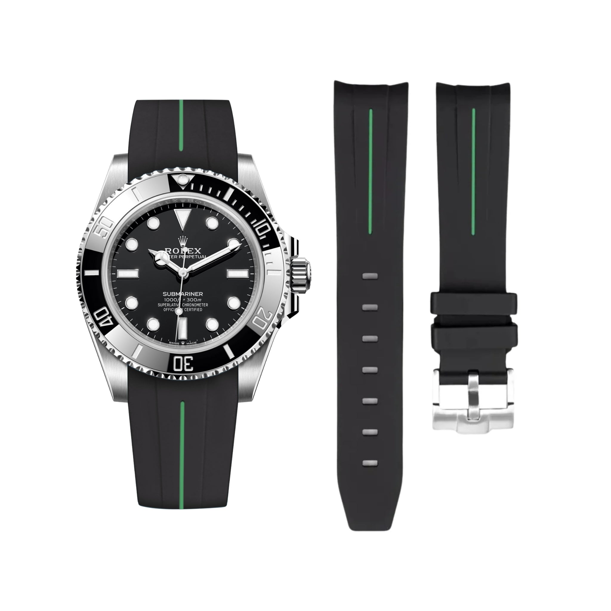 Rubber Strap - For Rolex Submariner - Black w/Green Line | LuxLine® - Helvetus