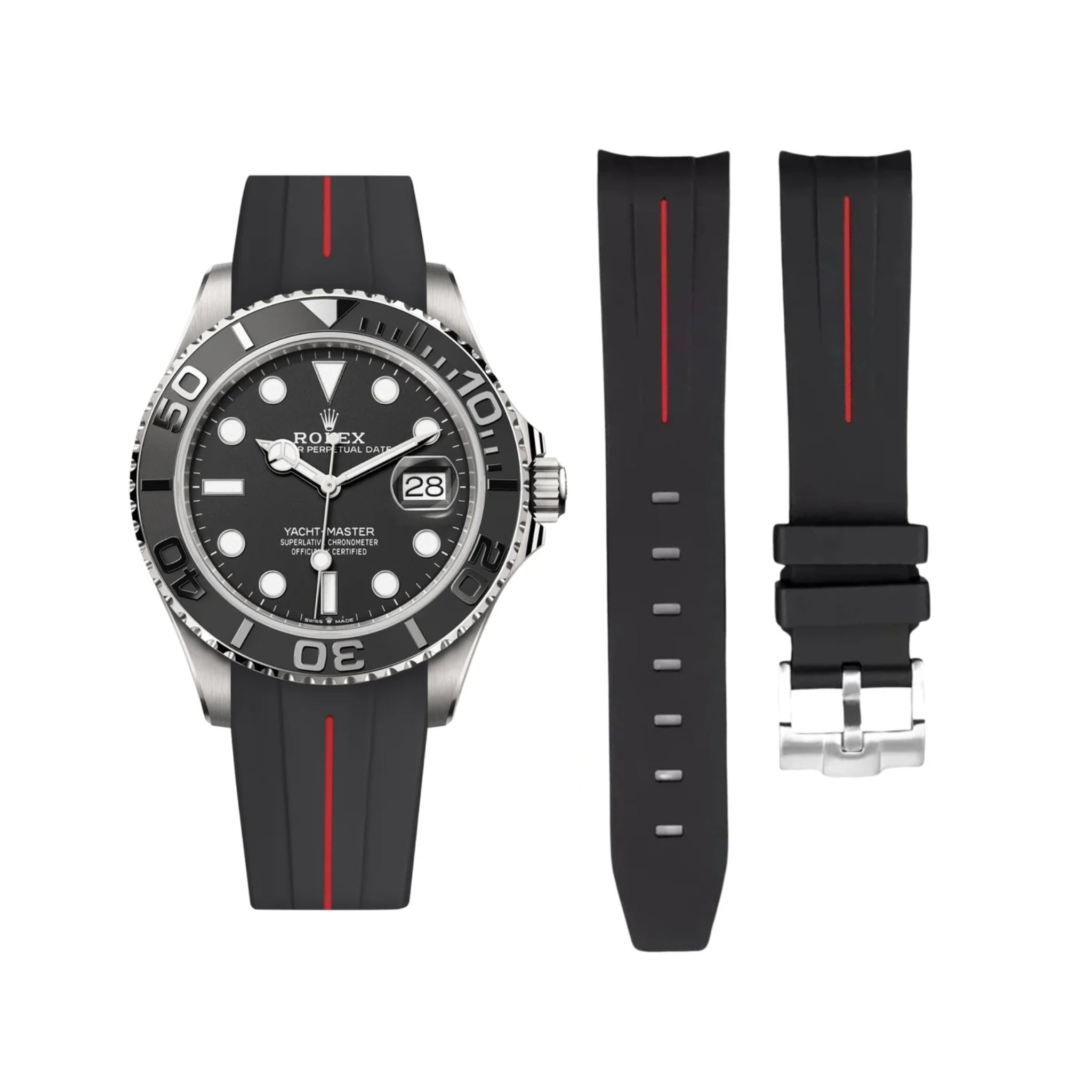 Rubber Strap - For Rolex Yacht - Master 40mm/42mm - Black w/Red Line | LuxLine® - Helvetus