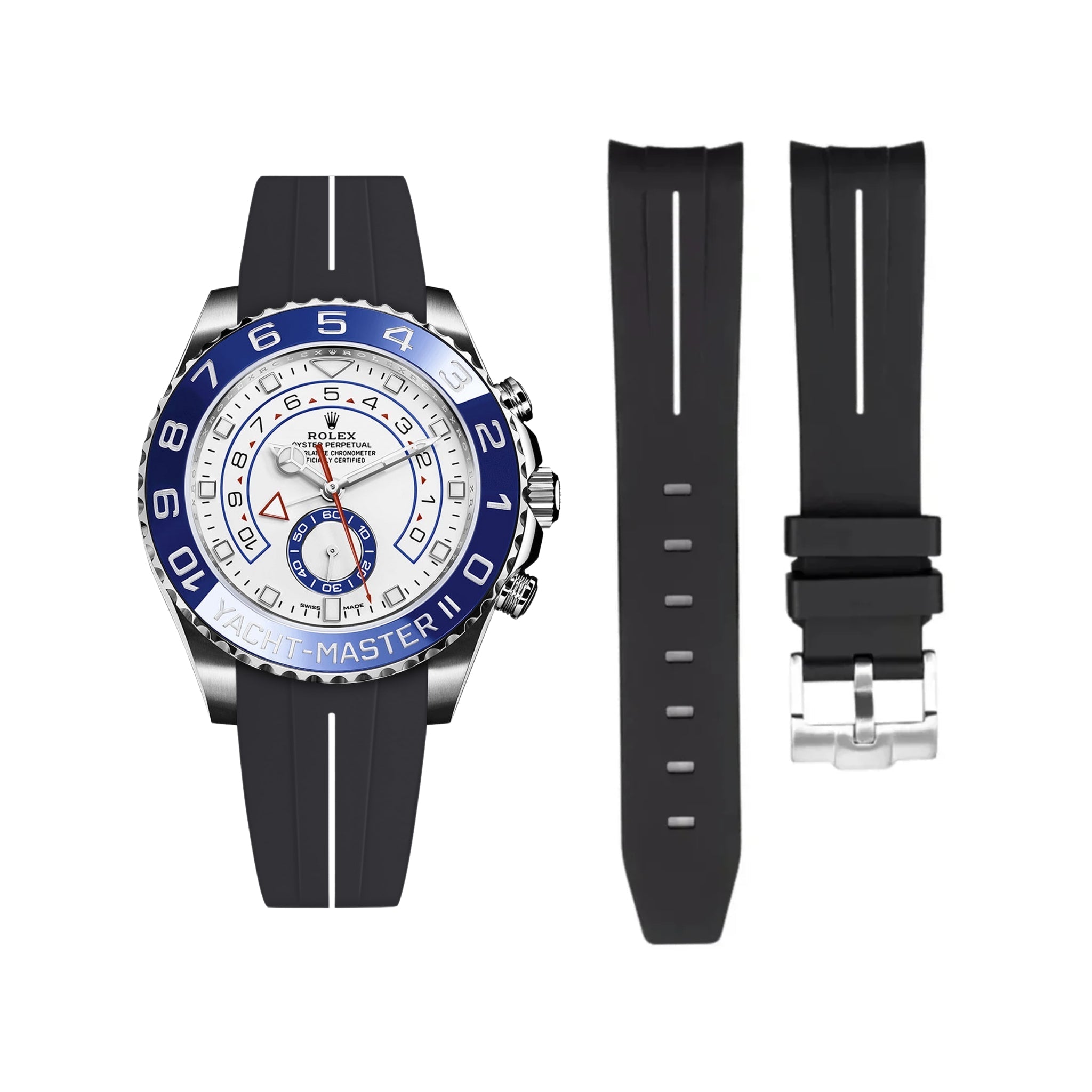 Rubber Strap - For Rolex Yacht - Master II - Black w/White Line | LuxLine® - Helvetus