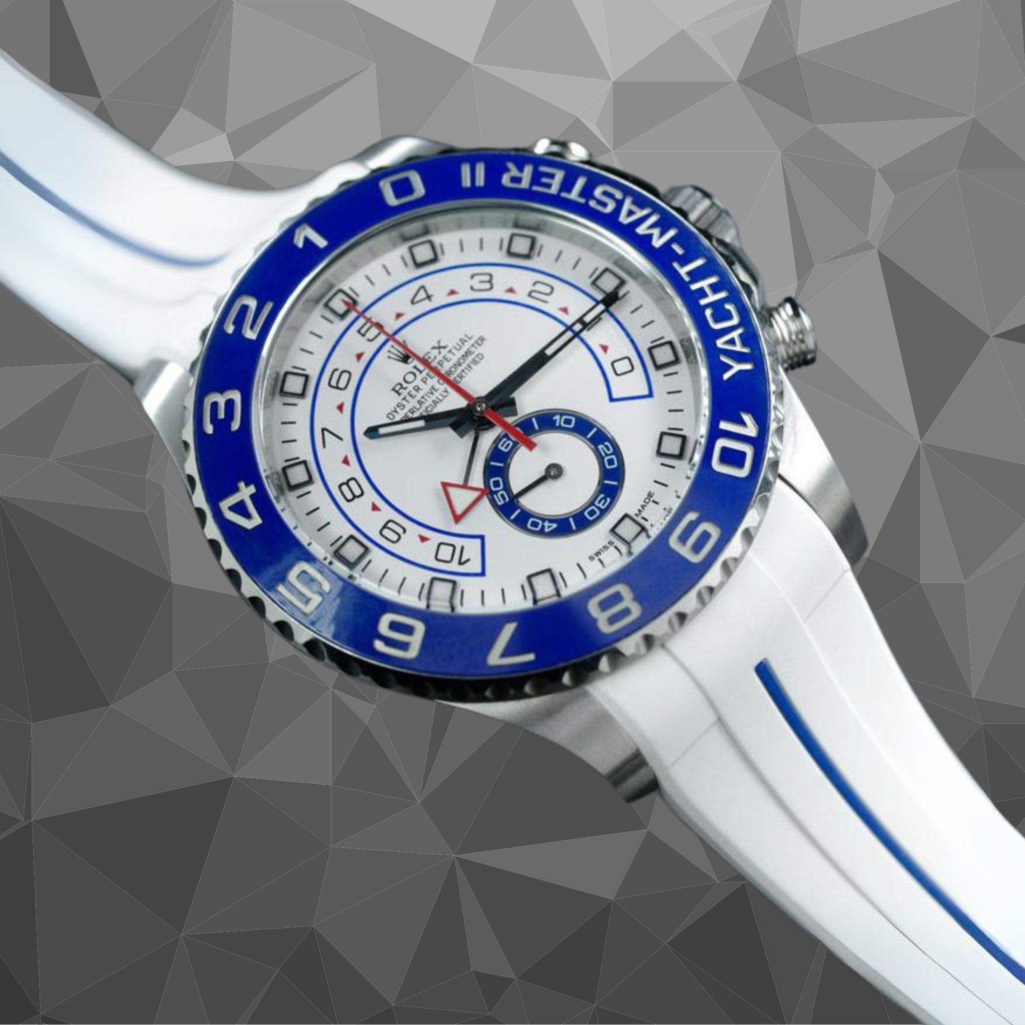 Rubber Strap - For Rolex Yacht - Master II - White with Blue Line - Helvetus